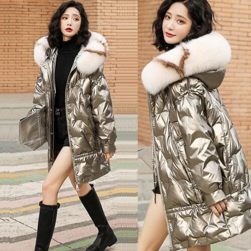 New Oversize Winter Glossy Coat Women Big Fur Collar Cotton Coat Female Thick Warm Hooded Down Cotton Jacket Parka Long Overcoat