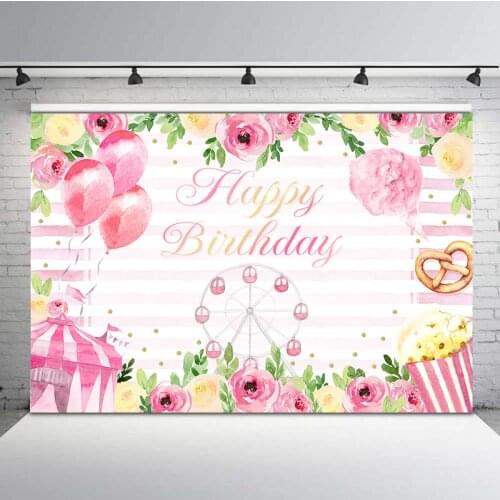 Cookies Happy Birthday Backdrop Pink Watercolor Flowers Balloon Ferris Wheel Photo Background Dessert Table Decorations Banner