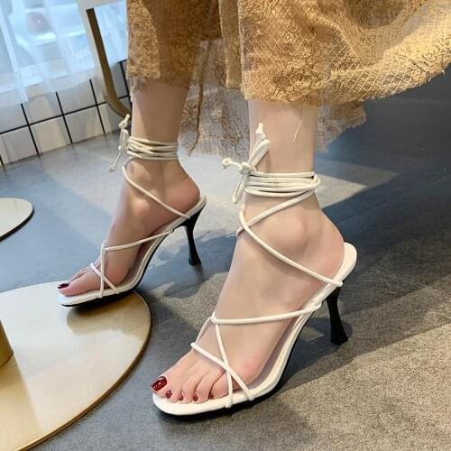 Cross Straps Rome Sandals Womens Fashion 2020 Spring New Style Korean-style Versatile Thin Heeled A- line with High Heel Shoes