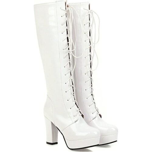 Winter Warm Knee Boots Female Patent Leather Fashion Platform Round Toe Boots Lady Slip On Thick High-Heel Zipper Womens Shoes