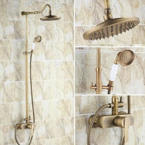 Vintage Retro Antique Brass Single Handle Bathroom 8 Inch Round Rain Shower Faucet Set Bath Mixer Tap Hand Shower mrs206