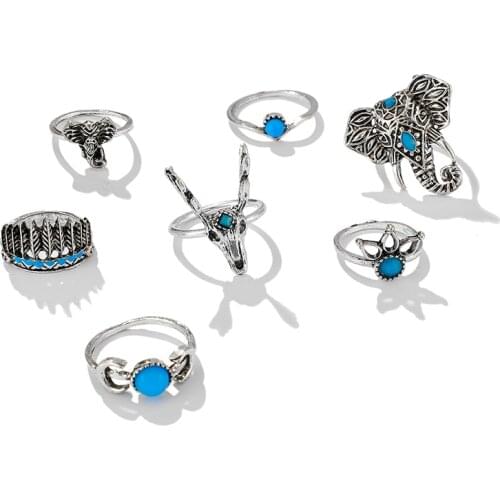 Tocona 7 Stks/set Vintage Zilveren Kleur Olifant Maan Ringen Voor Vrouwen Blue Crystal Stone Bloemen Leaf Dier Sieraden 9462