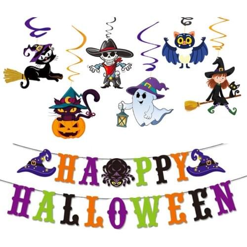 Halloween party decoration letter pull flag Happy Halloween garland spiral ornaments black cat pumpkin bat banner balloon access