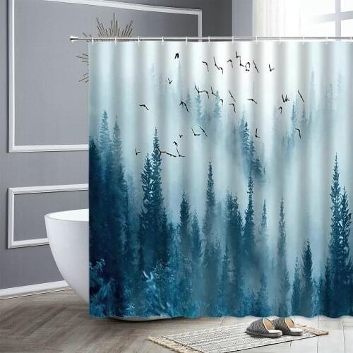 Waterproof Fabric Shower Curtain Chinese Style Forest Cedar Birds Natural Scenery Bathroom Decor Home Wall Decors Bath Curtains