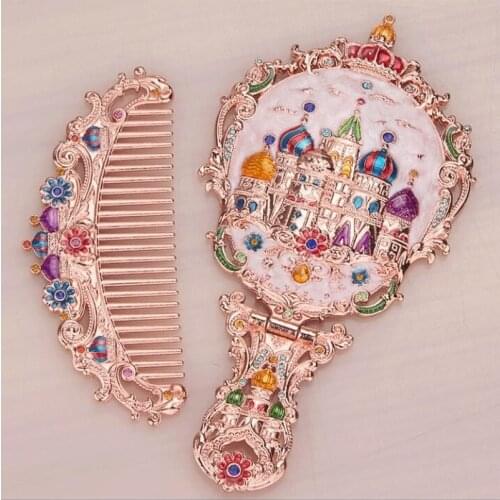 Russia hand-held small mirror with a comb set Retro portable cosmetic mirror Collapsible Desktop Princess mirror