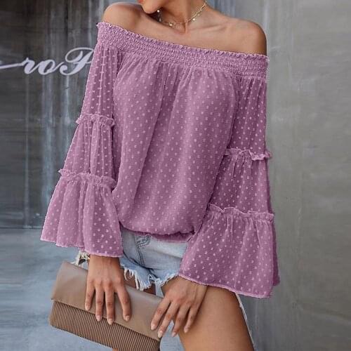 Women Long Sleeve Polka Dot Off Shoulder Casual Tops Simple Loose Sweet Chiffon Shirt Female Breathable Blouse