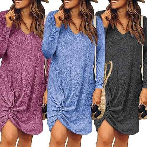 Womens Autumn Dresses Loose Fit Long-Sleeve V Neck Casual Tie Knot Dress Pull On Midi Dress