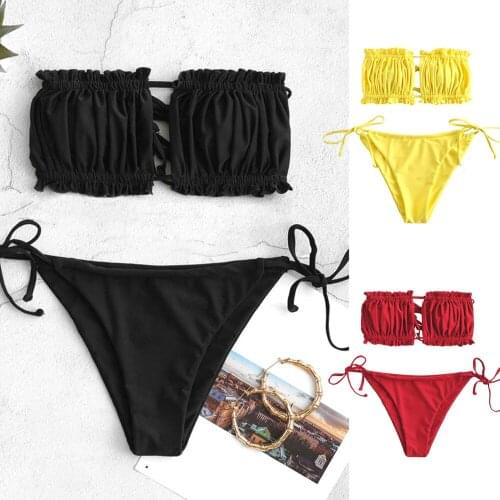 2020 Women Strapless Swimwear Ribbed Tie Back Ruffle Cutout Bandeau Bikini Set Swimsuit Biquini Adjustable Lace Up Back
