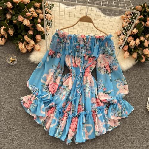 Womens Spring Summer Runway Fashion Floral Print Chiffon Jumpsuit Female Summer High Waist Wide Leg Loose Shorts Overalls TB880
