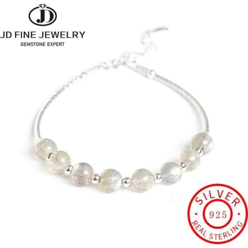 JD 100% 925 Sterling Silver Color Natural Stone Grey Moonstone Round Beads Bracelets For Women Fashion Party Jewelry