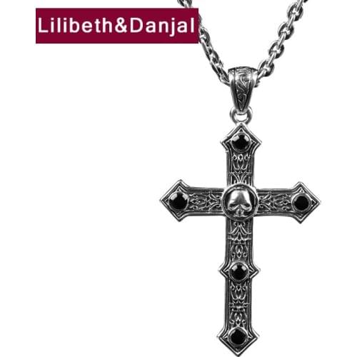 Cross Skull Necklace Pendant Pure 925 Sterling Silver Punk Inlaid Black Agate Vintage Fine Jewelry Gifts For Women Men 2021 P20