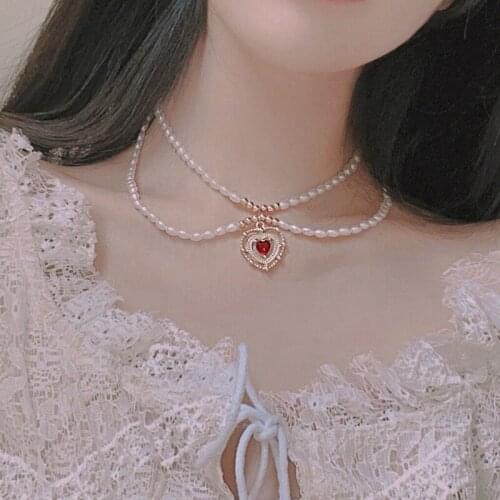 2021 New French Vintage Double Layers Imitation Pearls Red Heart Short Baroque Charm Princess Cocktail Party Jewellery