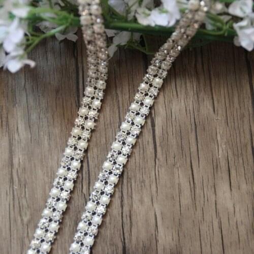 Free Shipping 10 yards 2rows Crystal Rhinestone&Pearl Mesh Trim Bridal Sash Wedding Applique Rhinestone Banding LSRT12191-1
