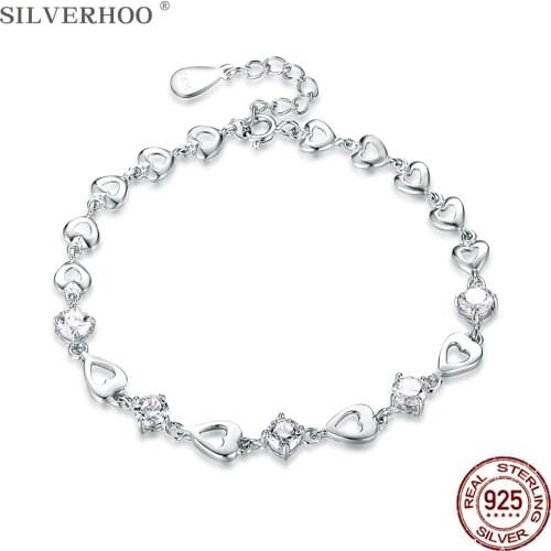 SILVERHOO Fashion 925 Sterling Silver Heart Bracelet High Jewelry Cubic Zirconia Bracelet Anniversary Gift for Girlfriend