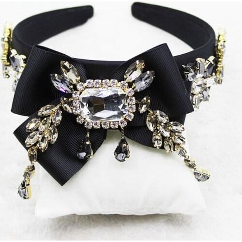 Hot Sale New Bling Black Rhinestone Baroque Big Bowknot Headband Crystal Diamond Luxury Headbands for Women Hair Accessories
