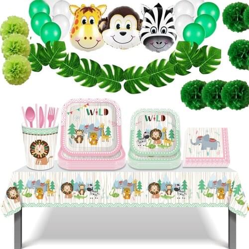 Forest Animal Cartoon Theme Party Favors Disposable Tableware Baby Shower Birthday Paper Straw balloons Holiday Decor Supplies