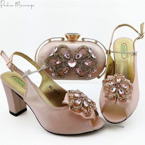 2020 New Arrival Italian Design Pink Color African Nigerian Ladies Shoes and Bag Set Decorated With Rhinestone for Party