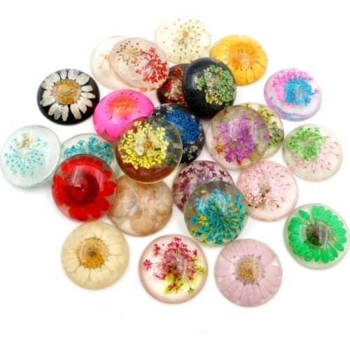 New Fashion 5pcs 25mm Multi-Colors Natural Dried Flowers Flat Back Resin Cabochons Cameo for DIY Handmade Jewelry Making