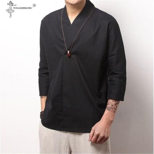 Summer Spring Fashion Leisure Mens Kimono Shirts Loose Seven-quarter Sleeve Shirt Men Blouse Solid Shirts Mens Brand Clothing