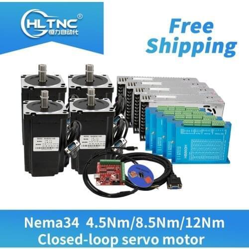 Free shipping 4 set Nema34 Closed-Loop stepper Motor 6A 4.5N.m/8.5Nm/12Nm+2-Phase & HBS860H Hybrid Driver +400w60v power For CNC