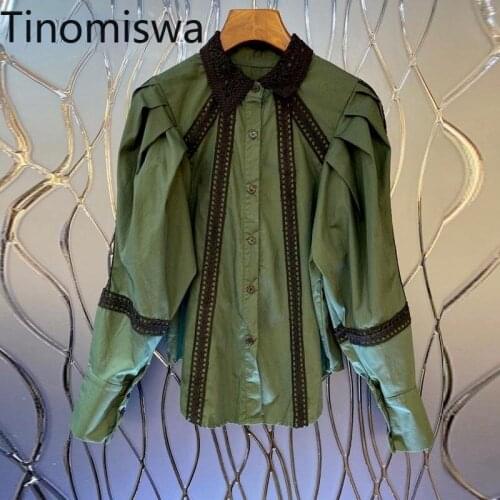 Tinomiswa Lace Patchwork Long Sleeve Shirt Women Turn Down Collar Single Breasted Vintage Tops Casual All-match Chic Blouses