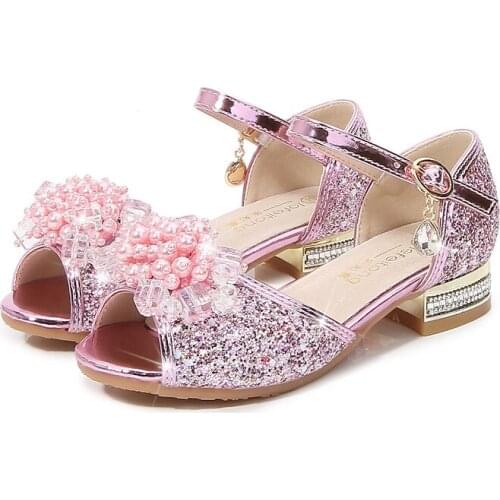2021 Spring New Girls Sequined Princess Shoes Pearl Buckle High Heel Sandals Kids Fish Mouth Fashion Show for Wedding Sweet