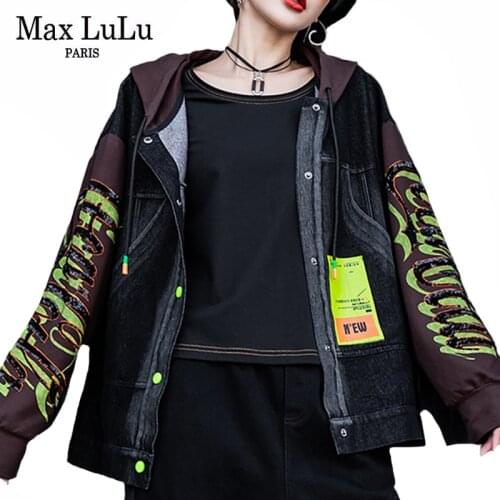 Max LuLu 2020 European Designer Womens Autumn Sequins Denim Coats Ladies Vintage Punk Hooded Jackets Casual Printed Streetwear