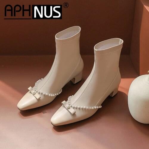 APHNUS Womens Boots Beading Short Ankle Booties Flats Low Mid Heels Pumps Woman 2020 Shoes For Women New Boot
