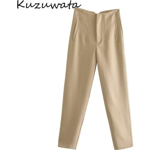 Kuzuwata High Waist Hip Button Design Pants Women Work Style Ol Solid Pocket Draped Trousers Feminino Spring 2021 New Pantalones