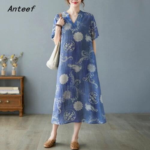 Anteef short sleeve cotton linen vintage floral dresses for women casual loose long woman summer dress elegant clothes 2021