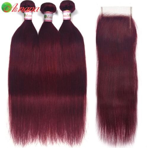 100% Human Hair Bundles With 5x5 Lace Closure 99j Bold Red Burgundy Colored Straight Hair Weave 3 Bundles Hair Extension