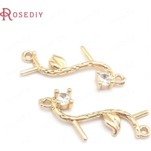 39954)20PCS 10x23MM 24K Champagne Gold Color Brass Zircon 2 Holes Tree Branch Connect Charms Pendants Jewelry Making Supplies