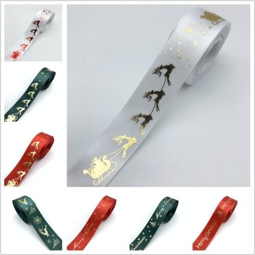 5yards 25mm Printing Bronzing Christmas Ribbon Polyester Ribbon For Christmas Decoration DIY Sewing Christmas Art Craft