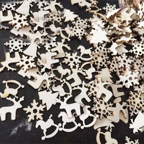 50pcs Natural Wooden Diy Christmas Tree Hanging Ornaments Pendant Gifts Tree Snow Flakes Table Bottle Diy Decoration