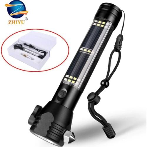 ZHIYU Emergency Flashlight USB Rechargeable Solar Led Torch Powered 2000mAh Power Bank with Window Breaker,Seat Belt Cutter