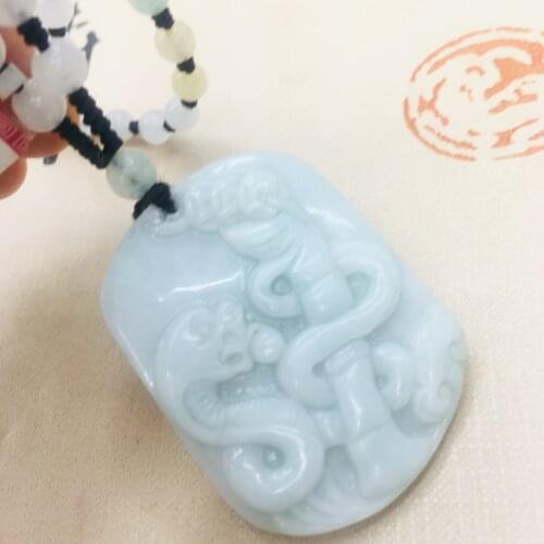 Pure natural Emerald jade hand carved engraving zodiac snake pendant tricolor jade bead necklace men and women sweater chain