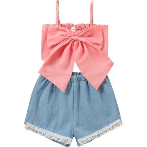 Girls Children Kids Summer Two Piece Set Fashion Solid Color Bow Sleeveless Tops Pearl Short Pants Toddler Baby Clothes Set 2-7T