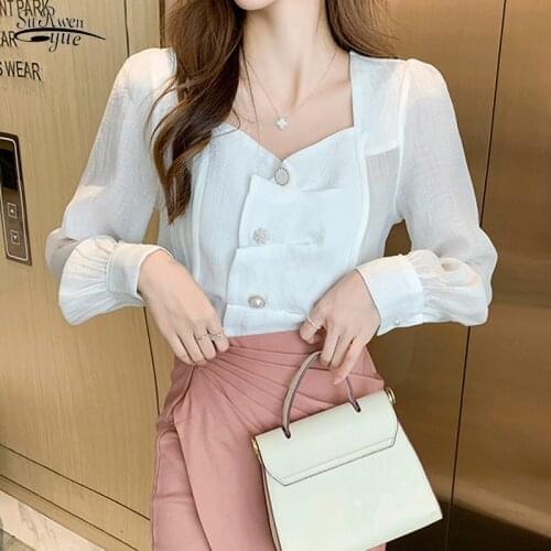 Square Collar Elegant Long-sleeve Solid Blouse 2021 Autumn Romantic Fashion Shirt Lady Retro All-match Chiffon Shirt Woman 16269