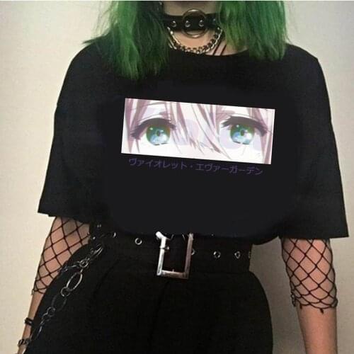 Japan Anime Violet Evergarden Eyes Print Loose T-shirt Harajuku Casual Cartoon Streetwear Tee Shirt