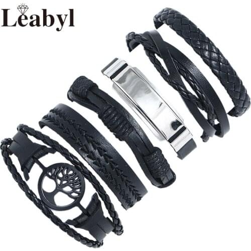 Leabyl Classic Casual Punk Series Tree of Life Charm Vintage Wrap Bracelet Set Retro Black Cow Leather Strap Punk Bracelet Men