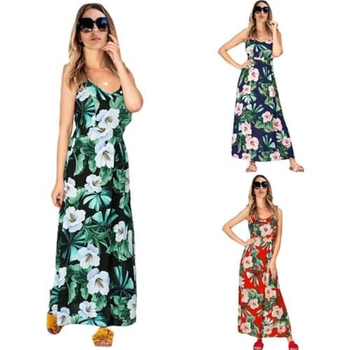 Summer Bohemian Women Dress Sleeveless Drawstring Pattern Female V-neck Print Pulover Dress