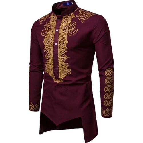 Men Bronzing Shirt Totem Faith Wind Palace Printing Robe Long Sleeve Shirt