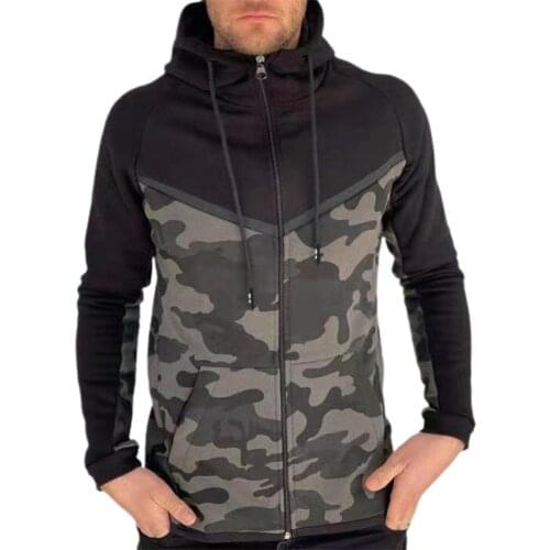 Men Hoodie Long Sleeve Stand Collar Stylish Drawstring Camouflage Contrast Colors Warm Male Sweatshirts Coat Autumn Winter