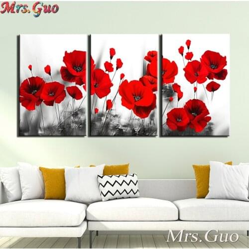 5D Diamond Painting Kit Poppy Home Decor Full Square Round DIY Diamond Embroidery Mosaic 3pcs Flowers Cross Stitch Wall Stickers