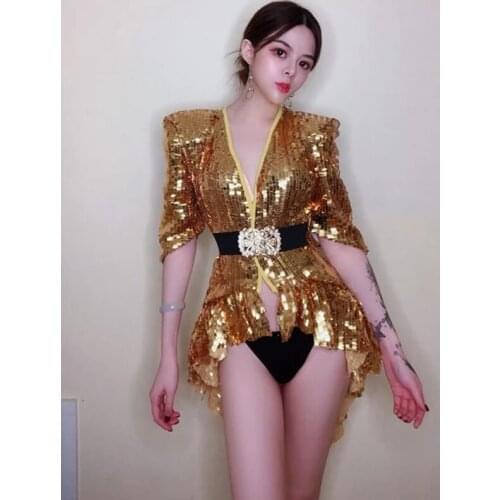 Sequined shoulder pads, sparkling tuxedo costumes, singer guest DS stage outfit Sexy sparkly dance dress