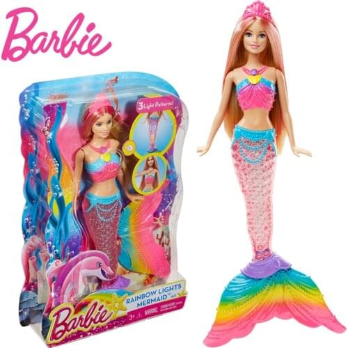 Original Barbie Brand Mermaid Doll Feature Rainbow Lights Doll The Girls Toys For Chilren Birthday Present Gift Boneca DHC40