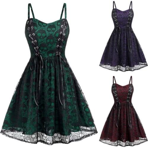 Fall Halloween Lace Mesh Women Dress Sleeveless Dark Gothic Punk Style Strap Patchwork Backless Mini Dress Goth A-line Dress#G8
