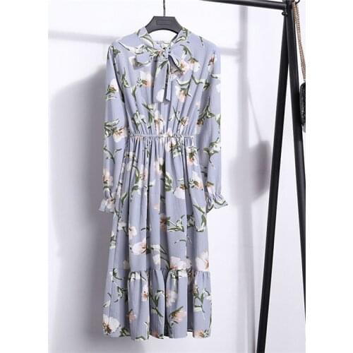 Autumn Dress 2021 Womens Womens Long-sleeved Dress Chiffon Shirt A-line Winter White Bow Mid-length Dress Floral Dress Retro