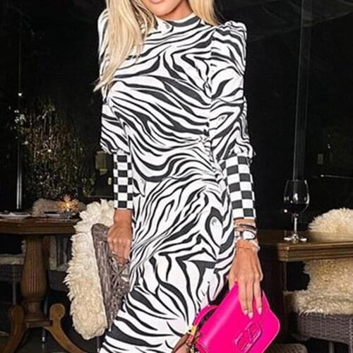 Robe D'automne Arayures Zébrées Pour Femmes, Manches Iongues, Col mi-haut, Slim, Décontracté, Treillis Imprimé, Robe De Soirée