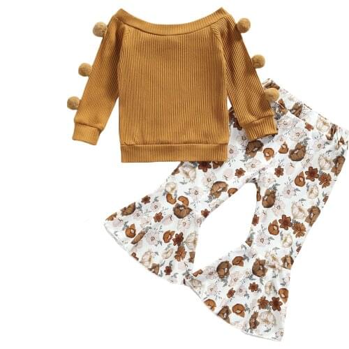 Citgeett Autumn Kids Baby Girls Outfits Solid Color Long Sleeves Tops + Flower Print Pants Spring Clothes Set